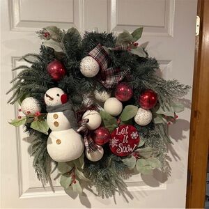 Festive Snowman Holiday Wreath with Red and White Accents